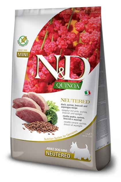N&D Киноа Суха храна за кучета за кастрирани възрастни мини породи, с патица, без зърнени култури 2.5 кг