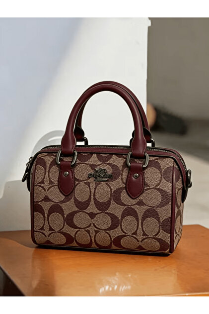 バッグ Coach Signature Colorful Mini Boston Bag By Coach Mini Boston Bag in Signature Canvas with Maroon Leather