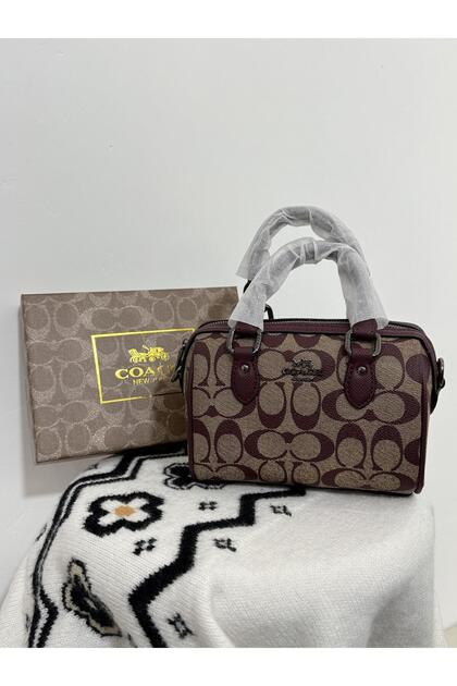 By Coach Mini Boston Bag in Signature Canvas with Maroon Leather