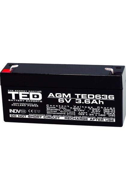 Acumulator Stationar AGM VRLA Etans 6V 3.6A F1 T1, Dimensiuni 133mm x 34mm x h60mm