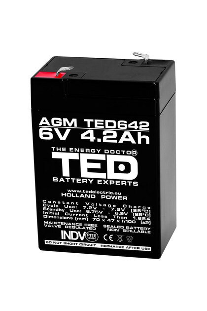 Acumulator Stationar AGM VRLA Etans 6V 4.2A F1 T1, Dimensiuni 70mm x 47mm x h100mm