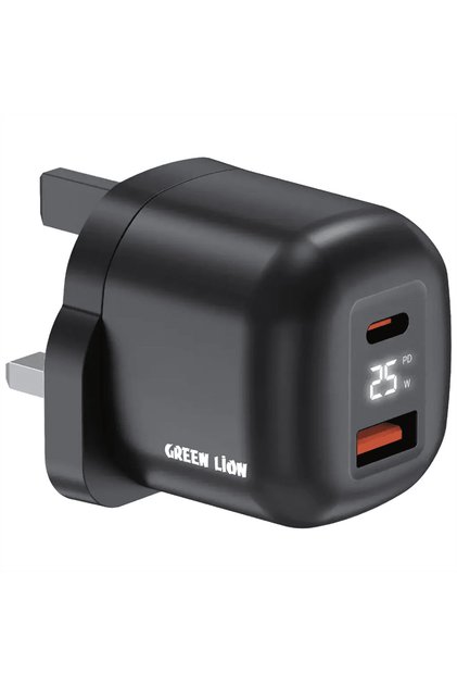 Q- Series UK Plug Gan Charger USB-C&A Port PD 25 W+ QC 3.0 with Real Time Display - Black