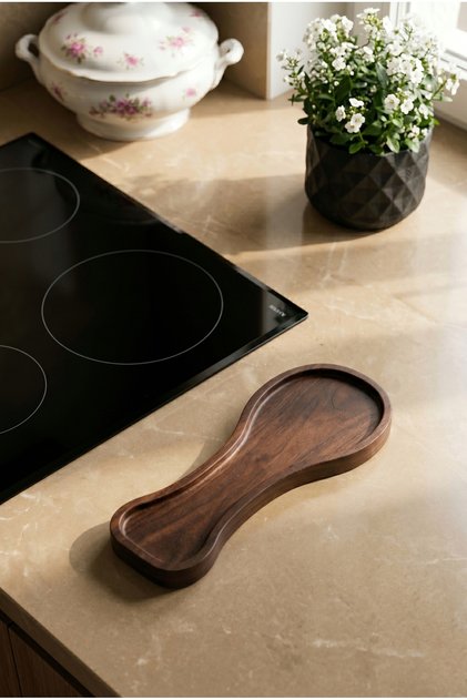 Akasya Kaşık/Kepçe Altlığı 23×9×2 cm – Tezgâh Üstü Spoon Rest, Koyu Ahşap