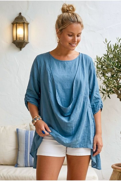Indigo Round Neck 3/4 Sleeve Double Set Casual Cotton Loose Woven Blouse 80 63