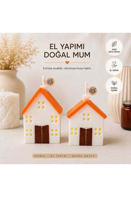 2’li Ev Şeklinde El Yapımı Soya Mum Seti – Dekoratif Doğal Mum