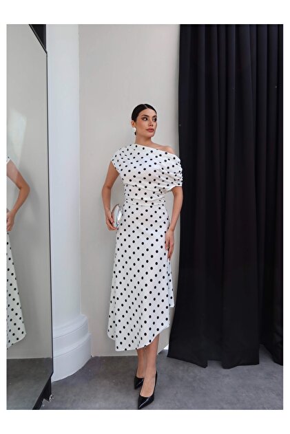 ESRAHELVACI Polka Dot Draped Asymmetrical Dress with Draped Collar- Trendyol ESRAHELVACI Polka Dot Draped Asymmetrical Dress with Draped Collar- Trendyol