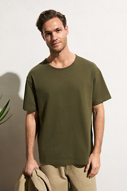 Axion Men's 100% Organic Cotton Round Neck Regular Fit Khaki T-Shirt
