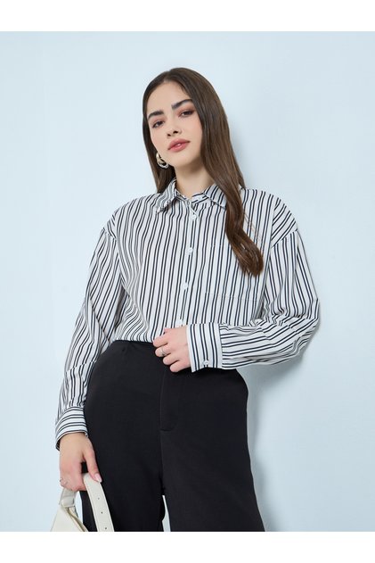 Beige Striped Dropped Shoulder Oversized Shirt