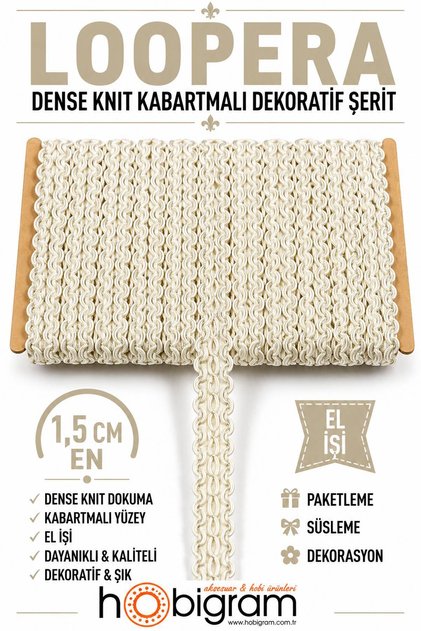 Mat Krem Loopera Dense Knit Kabartmalı Dekoratif Şerit – Premium El İşi Süsleme 5 Metre