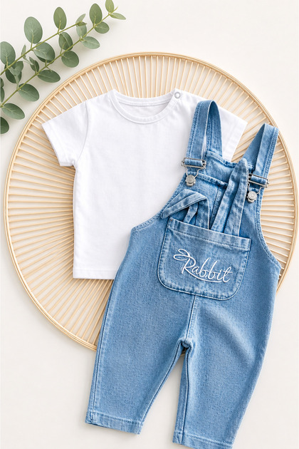 9-12-18-24 Months 2-Piece Baby Salopet Set 100% Cotton Rabbit Ear Salopet Jumpsuit