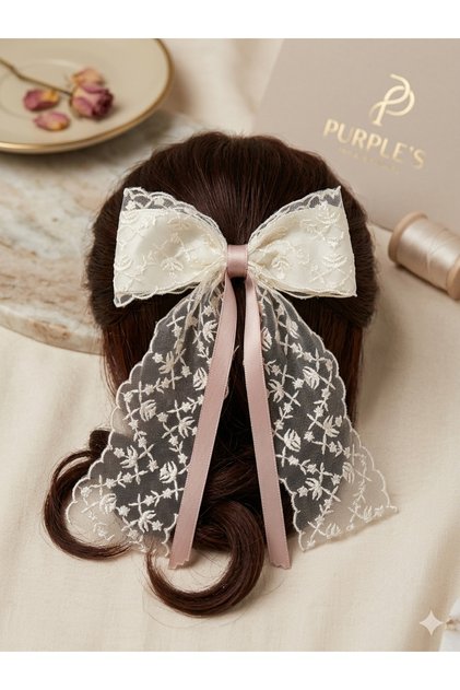 Handmade Design Vintage Embroidered Lace Powder Ribbon Detailed Girls' Clip