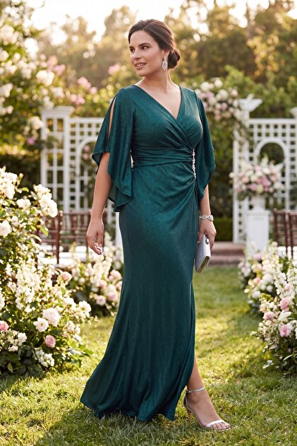 Lafaba Women's Emerald Green Double Breasted Collar Stone Detail Plus Size  Long Evening Dress- Trendyol