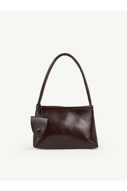 Wrinkled Textured Brown Shk218 Faux Leather, Snap Fasteners, Glasses Case with Charm, Single Compartment, Hand, Arm and Shoulder Use