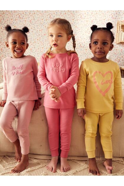 Pamuklu Pembe Sarı Desenli Uzun Kollu Rahat Pijama 3'lü Alt Üst Takım