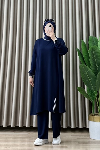Doğa Takim Kristal Fabric Women's Navy Blue Two-Piece Hijab Set with Cuff Detail on Sleeves and Skirt and Pants