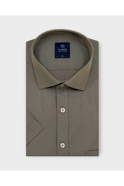 Men's Regular Fit 100% Cotton Short Sleeve Classic Collar Solid Light Brown Shirt 9524K