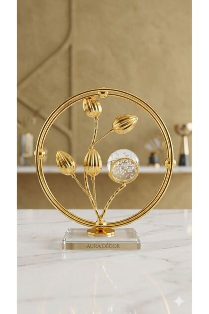 Kristal Küre ve Kristal Tabanlı Lüks Metal Çiçek Dekoru – Gold Modern Ev & Ofis Aksesuarı