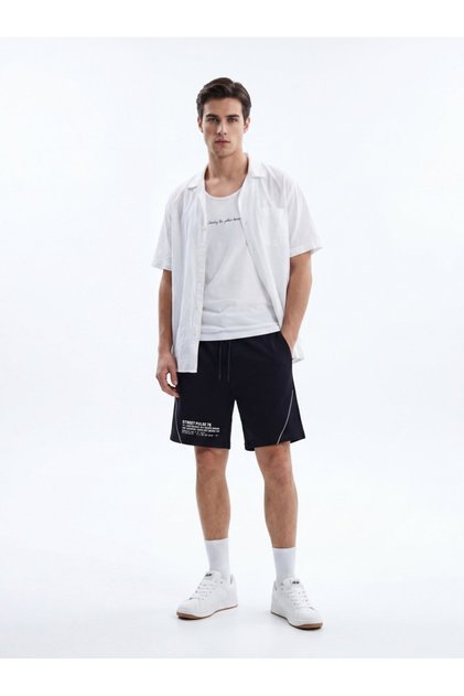 Printed Regular Navy Blue Shorts with Piping Detail