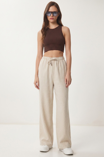 Wide Leg Linen Trousers with Pockets Lzv0077 Stone