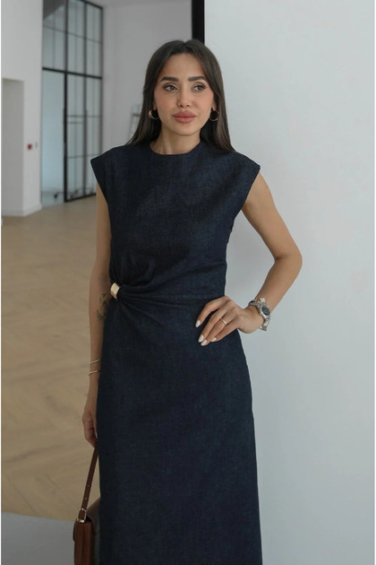 My Blog Navy Blue Denim Dress with Accessories - 8192- Trendyol
