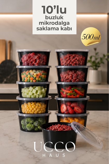 500 ml Kapaklı Buzluk Mikrodalga Saklama Kabı - 10 Adet- Et, Kıyma, Yemek, Salata Buzdolabı Organizeri