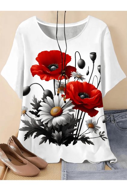 Kadınlar İçin Kırmızı Çiçek Ve Beyaz Papatya Baskılı Premium Oversize T-shirt