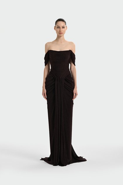 Düşük Omuz Ön Drape Detaylı Abiye Elbise