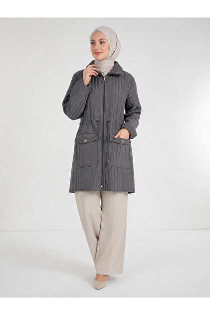 Women's Quilted Zippered Trench Coat with Elastic Waist Raincoat Cap