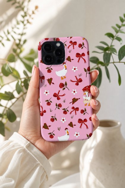 iPhone 15 Pro Max Compatible Launch Silicone Duck and Ribbon Pattern Shock-Absorbing Case Pink