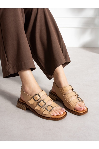 Zolena Mink Genuine Leather Women's Sandals with Buckle Detail