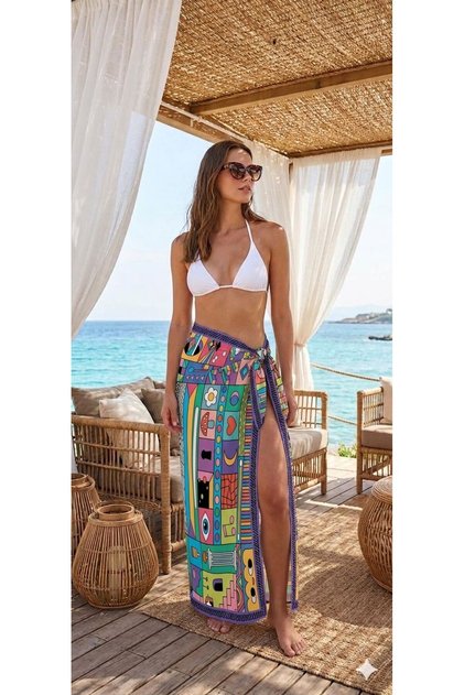Mykonos Mosaic Patterned Tie-Up Slit Pareo Beach Skirt Bikini Top Beachwear Summer Beachwear 150X95 Cm;