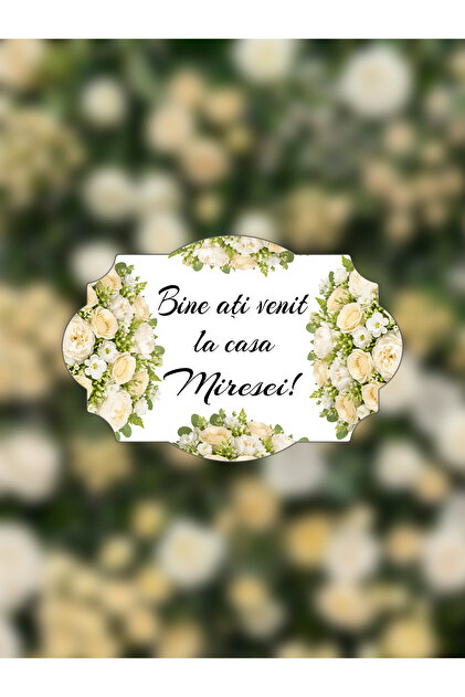 Pancartă „Bine ați venit la Casa Miresei!”, design cu flori albe, 46 × 31 cm