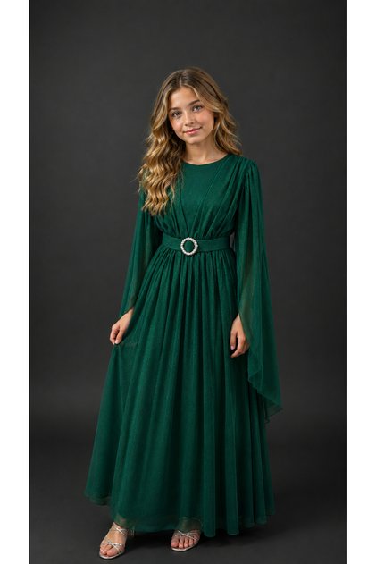 Genç Kız Abiye Kemerli Uzun Kollu Model/Mezuniyet/Düğün/Nişan Elbisesi