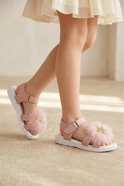Ponys Girls' Velcro Sandals with Feather Pompoms and Star Accessories