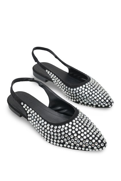 Black Suede White Stone Women's Ballerinas Pointed Toe Open Back Shoes Stylish Sandals