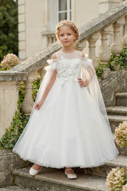 Girl's Evening Dress Off-Shoulder Tulle Gown and Sequin Embroidered Floral Applique Model - Graduation, Wedding, Party, Special Occasions (Ages 8, 9, 10, 11, 12, 13, 14, 15) 36139Pr