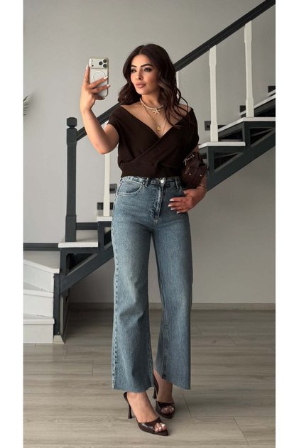 Blue lycra cut leg flare jeans