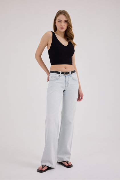 Women's Light Blue Low Waist Wide Leg Jean Trousers – 100% Cotton Long Denim