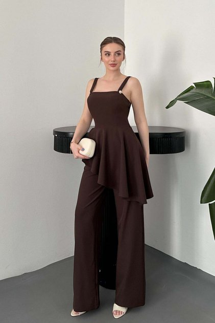 Set bluză și pantaloni maro cu volane