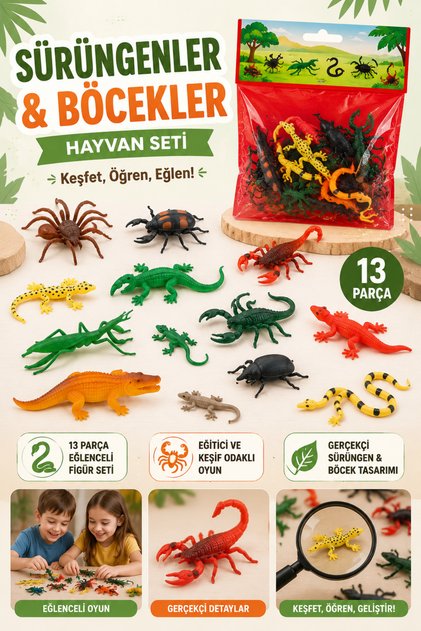 13 Parça Sürüngen ve Böcek Figür Seti Çocuk Eğitici Hayvan Oyuncak Paketi Yılan Böcek Oyunu