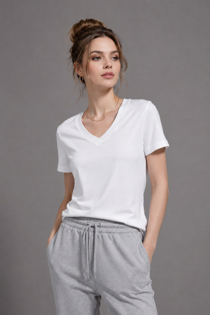 Women's White Interlock V-Neck Short Sleeve Basic Cotton T-Shirt