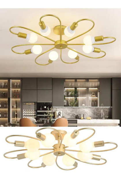 8-light semi-recessed ceiling light, modern pendant light, mid-century metal pendant light, vintage pendant light, dining room, living room, and bedroom lighting fixtures (bulbs not included)