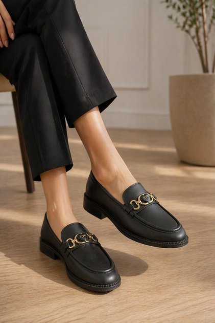 Çnr H44 Women's Black Leather Buckle Casual Shoes