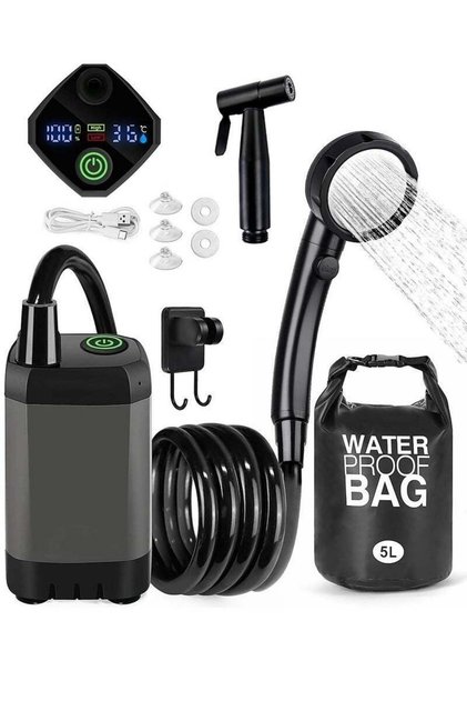 Portable Camping Shower Pump, 6000mAh Battery with LED Temp Display & 5L Water Bag