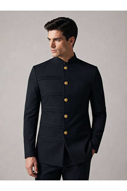 بدلة رجالية سوداء بياقة ماندارين وأزرار ذهبية - ملابس رسمية للحفلات