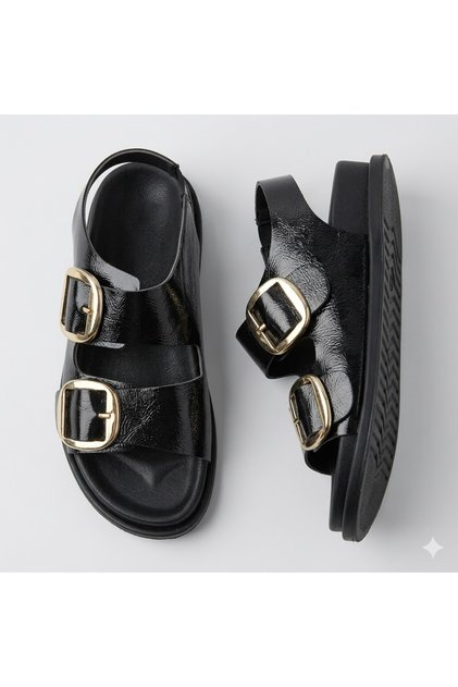 (Rosi) Double Buckle Daily Women's Sandals Black