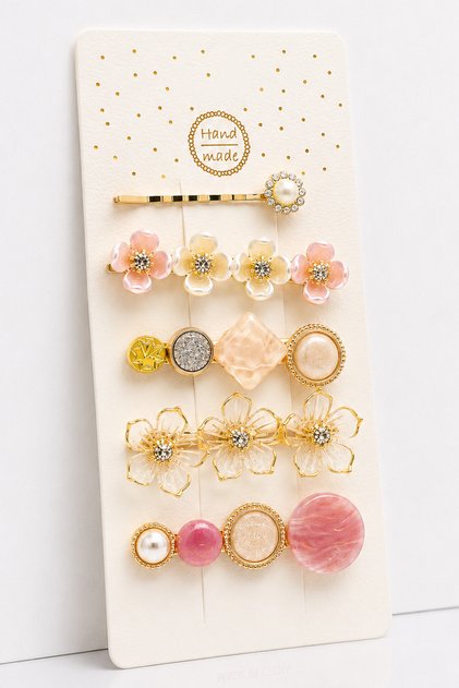 Set of 5 Vintage Flower and Pearl Detailed Hair Clips | Gold Color Snap Buckle Women's Hair Accessory