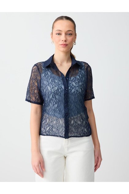 Navy Blue Slim Fit Shirt Collar Knitted Shirt