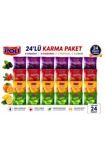 İÇECEK TOZU PORTAKAL 6 ADET+KARADUT 6 ADET+LİMON 6 ADET+KUŞBURNU 6 ADET