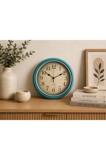 Vintage Turkuaz Dekoratif Duvar Saati 40 cm – Sessiz Akar Mekanizma